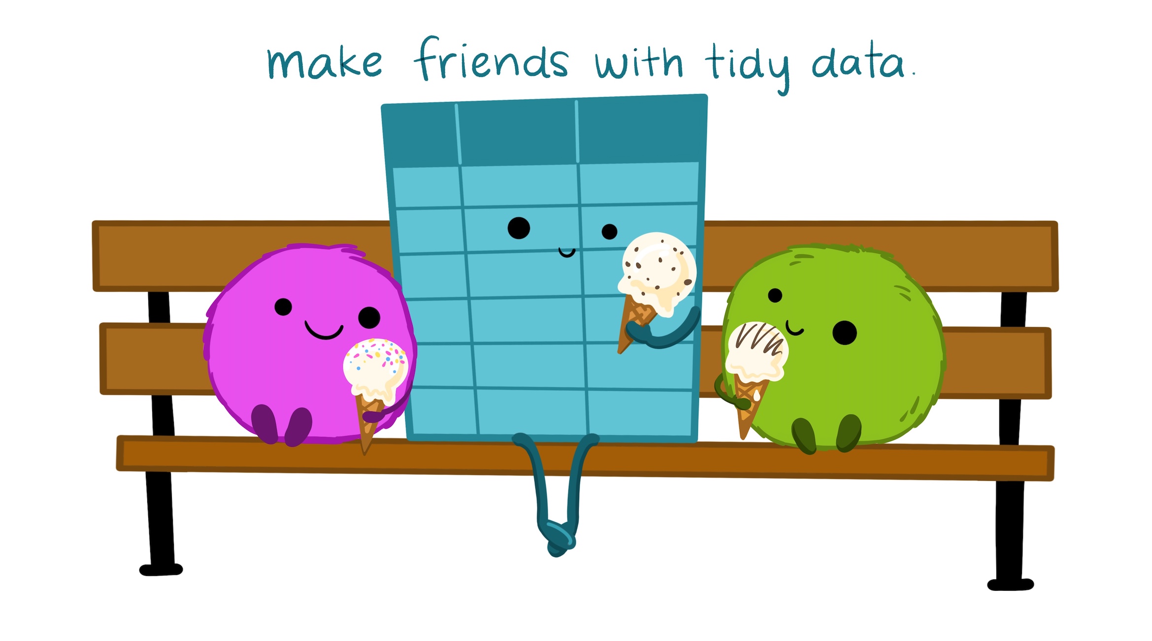 Digital illustration of two cute fuzzy monsters sitting on a park bench with a smiling data table between them, all eating ice cream together. In text above the illustration are the hand drawn words - make friends with tidy data.