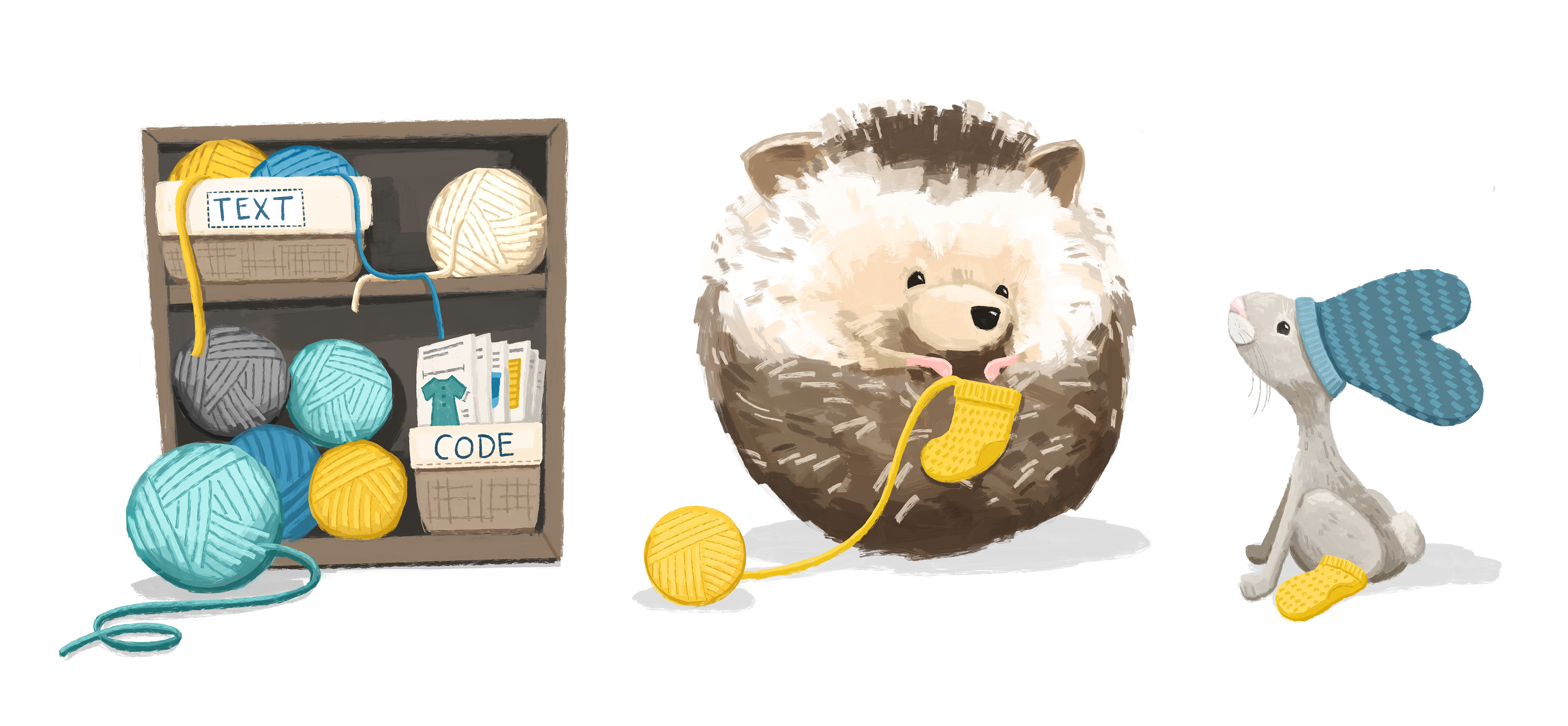 A round hedgehog knitting a yellow sock. A rabbit with a teal beanie and wearing one yellow sock watches in anticipation. A shelf to the left of them contains yarn (in a tote labeled 'TEXT' and knitting patterns (in a tote labeled 'CODE').